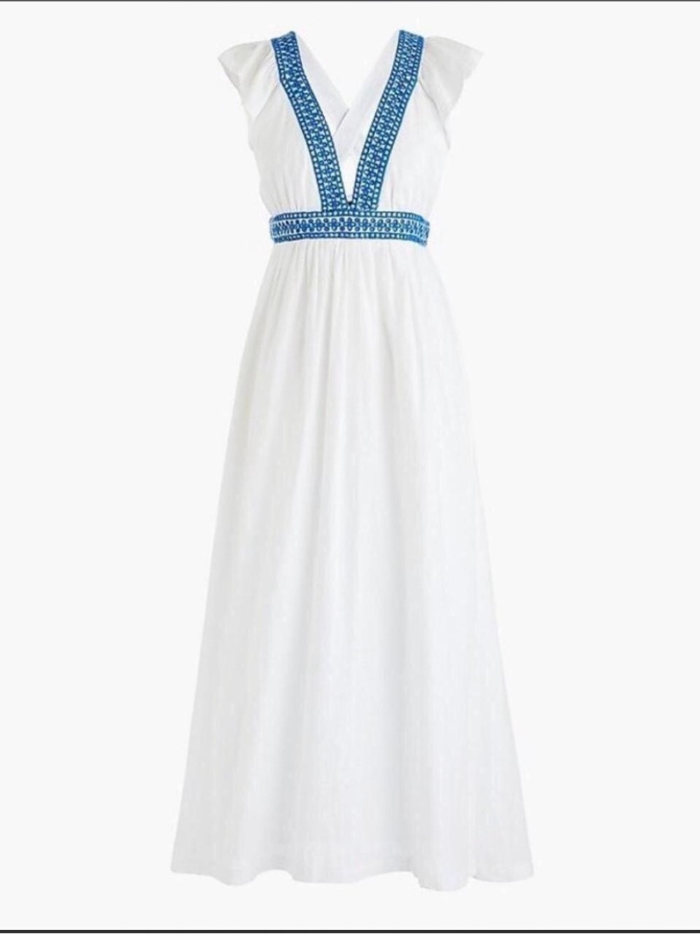 J. Crew White Maxi Dress with Blue Embroidered Trim